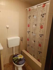 a bathroom with a toilet and a shower curtain at Tessina kuća in Stubicke Toplice