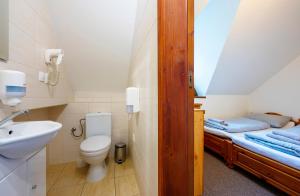 łazienka z umywalką, toaletą i łóżkiem w obiekcie Wellness Vila Astra w Starej Leśnej