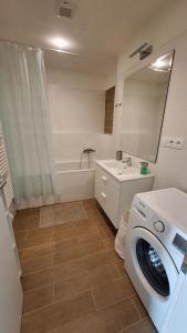a bathroom with a washing machine and a sink at Spacious apartment in the park in Košice +27 photos