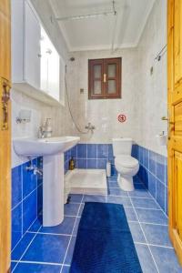 2 islands, Villa Ilioni في سيمي: حمام ازرق وابيض مع مغسلة ومرحاض