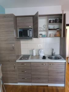 a small kitchen with a sink and a microwave at M Central Park in Niš