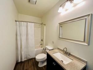 een badkamer met een toilet, een wastafel en een spiegel bij Studio at Snooze in Wisconsin Rapids