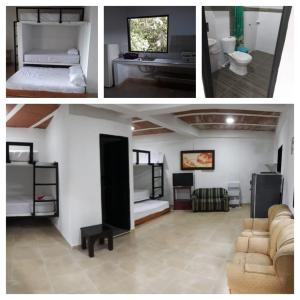 two pictures of a room with a bed and a bathroom at el paraiso de juanjo in San Carlos