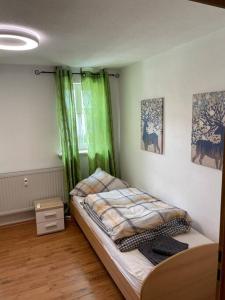 ein Schlafzimmer mit einem Bett und einem grünen Vorhang in der Unterkunft Schöne 2 Zimmer Ferienwohnung in Ebern in Ebern