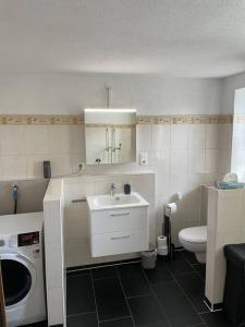 ein Badezimmer mit einem Waschbecken und einer Waschmaschine in der Unterkunft Schöne 2 Zimmer Ferienwohnung in Ebern in Ebern