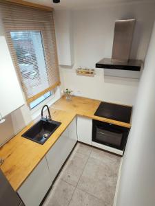 a small kitchen with a sink and a microwave at Apartament Malbork Centrum blisko zamku in Malbork