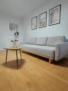a living room with a couch and a table at Apartament Malbork Centrum blisko zamku in Malbork