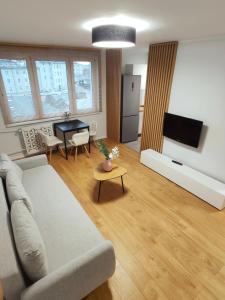 a living room with a couch and a table at Apartament Malbork Centrum blisko zamku in Malbork