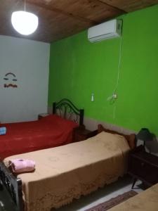 1 dormitorio con 2 camas y pared verde en POSADA CUATRO HERMANOS en Tinogasta