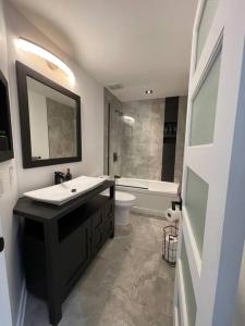 ein Bad mit einem Waschbecken und einem WC in der Unterkunft Modern Home for 10+ with Hot Tub! in Ottawa