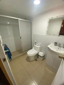 a bathroom with a toilet and a sink at El Fogon de Rio Claro in Rio Claro