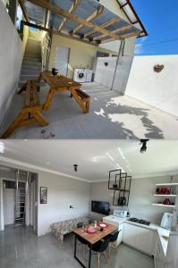 2 vistas a una cocina y una sala de estar con mesa en bnb Praia Mole, Barra totalmente quintal privativo, en Florianópolis
