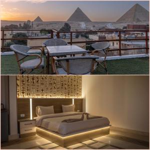a bedroom with a bed and a view of the pyramids at Narmer Pyramids View in Cairo