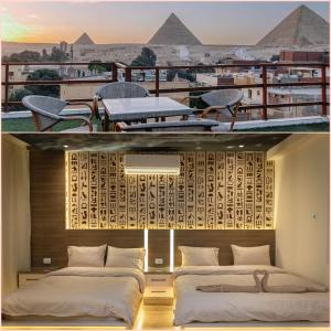 two pictures of a bedroom with a view of the pyramids at Narmer Pyramids View in Cairo
