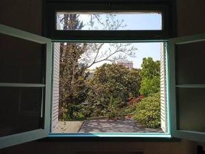 an open window with a view of a garden at Comfortable Apartment in Colegiales in Buenos Aires