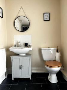 a bathroom with a toilet and a sink and a mirror at The Hideaway Holywell 1 in Holywell +21 photos