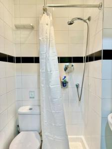 a bathroom with a toilet and a shower curtain at The Studio at Athol House in London