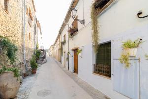 un callejón en un viejo pueblo con macetas en Casa rural Vall de Gallinera con Chimenea, piscina y jacuzzi DIANIA, en Patró