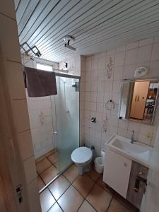 uma casa de banho com um chuveiro, um WC e um lavatório. em Apto Centro Floripa 03 em Florianópolis