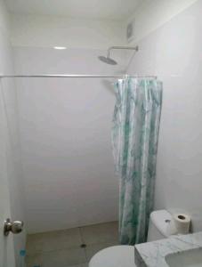 a bathroom with a shower curtain and a toilet at Habitación Nueva Pareja o sola in Lima