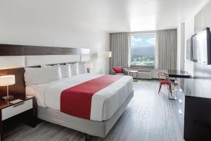 um quarto de hotel com uma cama grande e uma secretária em Park Inn San Jose by Radisson em San José