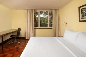 um quarto com uma cama, uma secretária e uma janela em Fairview Hotel Nairobi em Nairobi