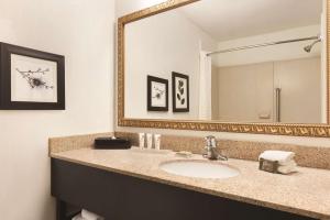 uma casa de banho com um lavatório e um espelho grande em Country Inn & Suites by Radisson, Conyers, GA em Conyers