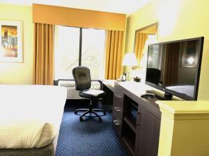 a hotel room with a desk with a television and a chair at Park Inn by Radisson Albany in Albany