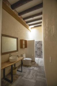 La salle de bains est pourvue de toilettes, d'un lavabo et d'un miroir. dans l'établissement Hacienda Gamboa, à Atlixco