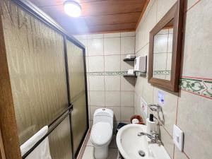 małą łazienkę z toaletą i umywalką w obiekcie Montefresco Boutique Hostel w mieście Monteverde