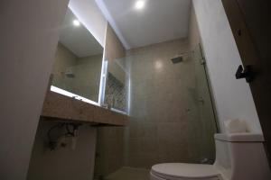 y baño con aseo, lavabo y ducha. en Viveza - Downtown en Campeche