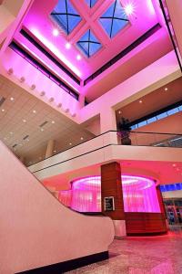 カラマズーにあるラディソン プラザ ホテル アット カラマズー センターの天井に紫色のライトが灯るショッピングモール