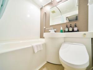 甲賀的住宿－水口世紀酒店，一间带卫生间、水槽和镜子的浴室