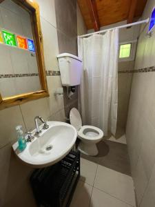 a bathroom with a sink and a toilet at Alojamiento ¨El Puente¨ en El Bolsón, para dos personas. in El Bolsón