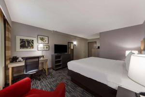 Country Inn & Suites by Radisson, Lincoln Airport, NE في لينكولن: غرفة الفندق بسرير كبير ومكتب