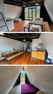 2 Bilder von einem Zelt mit einem Tisch und einem Zimmer in der Unterkunft A frame Riverston in Matale