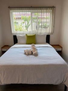 un animal de peluche sentado encima de una cama en New 2BR 1Bath w/ Free Parking & Laundry near University of Berkeley, en Richmond