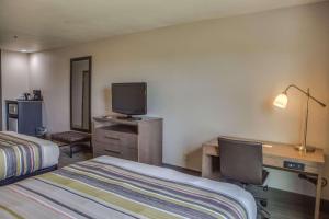 ハーリンジェンにあるCountry Inn & Suites by Radisson, Harlingen, TXのベッド、デスク、テレビが備わるホテルルームです。