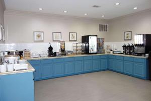 a kitchen with blue cabinets and a counter top at Country Inn & Suites by Radisson, Round Rock, TX in Round Rock +9 photos