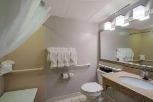 a bathroom with a toilet and a sink and a mirror at Country Inn & Suites by Radisson, Fredericksburg South I-95 , VA in Fredericksburg