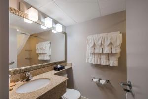 a bathroom with a sink and a toilet and a mirror at Country Inn & Suites by Radisson, Fredericksburg South I-95 , VA in Fredericksburg