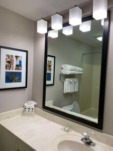 baño con lavabo y espejo grande en Country Inn & Suites by Radisson Kenosha - Pleasant Prairie en Kenosha
