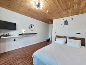 a bedroom with a bed and a flat screen tv at Starlight drops Pension in Jeju
