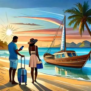 a painting of a couple on the beach with a boat at “SandSerenity EcoHostal Punta Arena” in Cartagena de Indias
