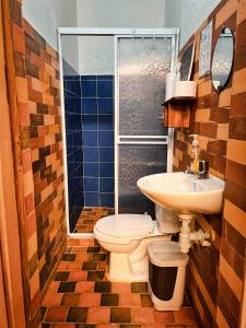 La salle de bains est pourvue de toilettes et d'un lavabo. dans l'établissement Hotel Solárium Posada, à Socorro