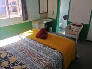 a bedroom with a bed with two red pillows on it at The Duke Hostel in Greymouth