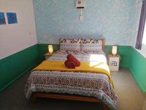 ein Schlafzimmer mit einem Bett mit zwei roten Kissen darauf in der Unterkunft The Duke Hostel in Greymouth
