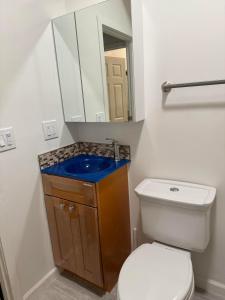 a bathroom with a toilet and a sink with a mirror at Bumblebee House in Oakland