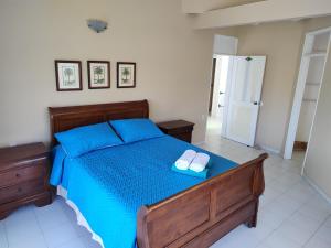 a bedroom with a blue bed with two white towels on it at Capi´s Place in San Andrés