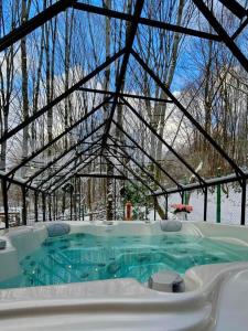 una vasca idromassaggio in un edificio con tetto di Montebello Chalet a Porumbacu de Sus